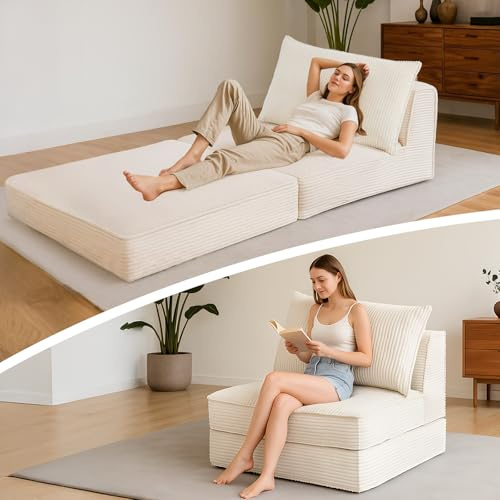AOLVDOW Folding Sofa Bed, Convertible Sleeper Chair with Pillow,Corduroy Comfy Floor Futon for Living Room Bedroom,No Assembly Required,Beige