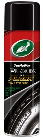 Turtle Wax Black In A Flash 500ml 51777 - Durable Water Resistance Tyre Shine & Restorer for All Treated Surfaces - Restores Vinyl, Plastic & Rubber - Long-Lasting Shine Without Streaks - Aerosol