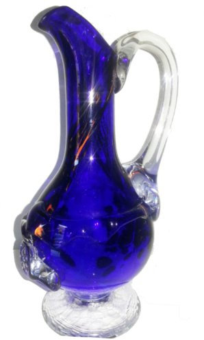 Oberstdorfer Glashütte Vase Blumenkrug mit Henkel farbige Glaskaraffe Zierkanne blau orange marmoriert dekorativer Kristallglaskrug mundgeblasen Höhe ca. 24 cm