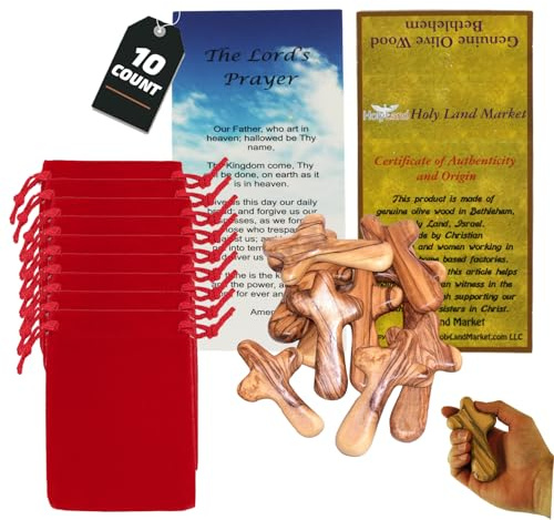 10 Olive Wood Holding Hand Crosses with Gift Bags (With Red or Black Velvet Bag ) From Bethlehem