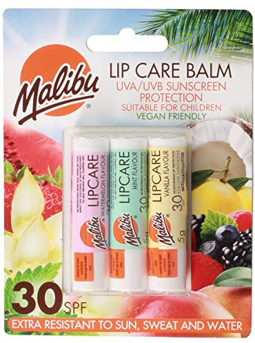 Malibu Sun SPF 30 Lip Balm Sunscreen, Watermelon, Mint and Vanilla, 3 x 5g,
