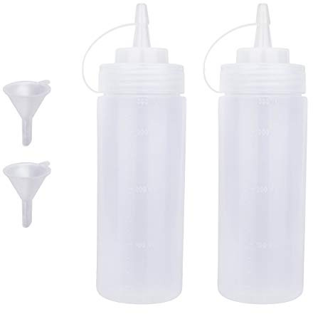 Katfort Squeeze Bottles for Sauces 2 Pack, Ketchup Bottle 12 Ounce Plastic Dressing Squirt Bottle with Cap Lids and Funnel, Condiment Bottles for Liquids BBQ Dressing Pancake Art Dispenser