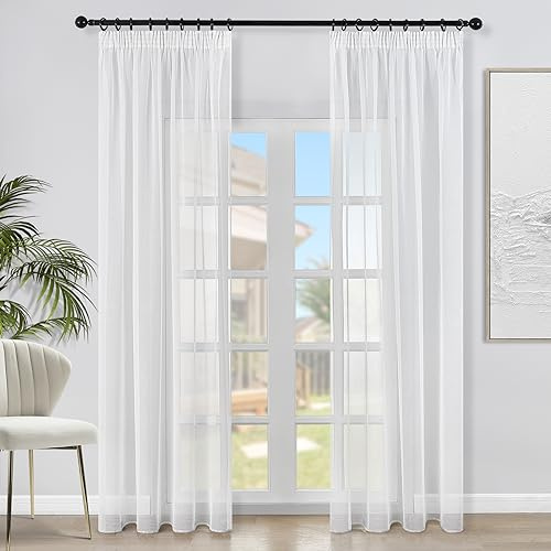 Topfinel Voile Vorhänge Leinenstruktur mit Kräuselband Lichtdurchlässig Einfarbig für Fenster Wohnzimmer Schlafzimmer Moderne und Elegante Gardine 2er Set je 220x140cm (HxB) Weiß