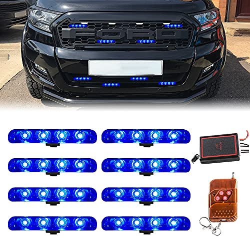 Teguangmei 8x4 LED Luz Estroboscópica de Emergencia Luz de Advertencia,Luz de Emergencia Intermitente de 12V Luz DRL,Con Control Remoto Inalámbrico,para Coches de Policía y Camiones (Azul)
