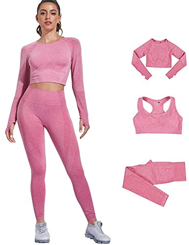 DONYKARRY Damen 3-teiliges Nahtloses Trainingsanzug Yoga Outfit Jogginganzug Set Freizeitanzug（Rosa,L）