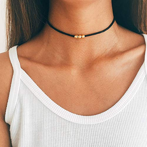 TseenYi Boho-Halskette mit türkisfarbenen Perlen, kurze schwarze Halskette, schlichtes Halsband, Schmuck für Frauen und Mädchen (Gold)