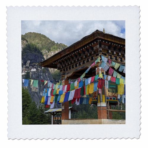 25x25 inch Quilt Square - Bhutan, Paro. Prayer Wheel Flags, in View of Tigers Nest Monastery. Places