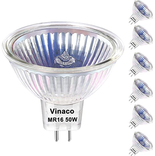 Vinaco MR16 Bulb，6 Pack MR16 Halogen Bulb 50W GU5.3 Base, 800LM High Output MR16 12V 50W Halogen, 2800K Warm White MR 16 Dimmable with Clear Glass Cover, MR 16 GU5.3 for Landscape, Track Lights