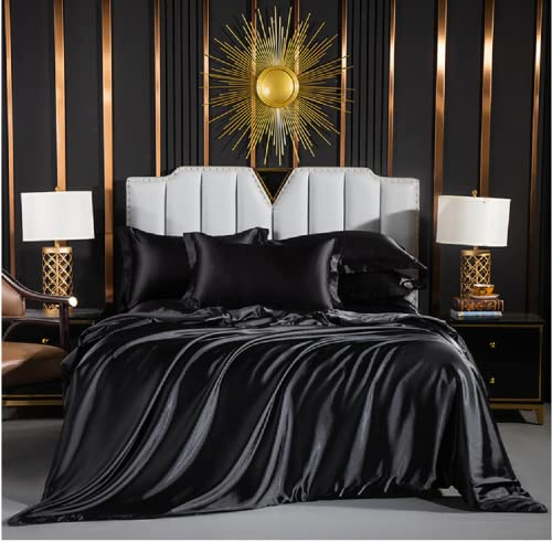 Luofanfei Satin Bettwäsche 155x220 Schwarz Glänzend Einfarbig Bettbezug Set Seide Glatt Luxus Bettwäsche Set Glanzsatin Polyester Einzelbett mit Reissverschluss und Kissenbezüge 80x80 cm