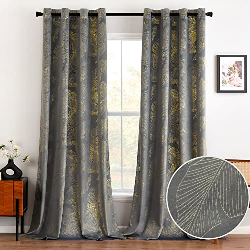 MIULEE Vorhänge aus Samt mit Goldblattmuster, graue Wohnzimmervorhänge, 2 Stück, 140 x 225 cm, Dekoration für Haus und Innenraum, Fensterdekoration, Vorhänge für Schlafzimmer mit Ringen