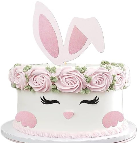 1xEaster bunny ears cake decoration, cake topper with glitter eyelashes, nose paw, happy Easter cake decoration, cupcake topper for Easter, rabbit, theme, baby shower, pink, white