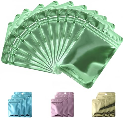 Rimiko 50 Sachets Zip Aluminium Refermable, Pochons Zip Alimentaire avec Fenêtre Transparente, Sac Mylar Hermétique pour Vente au Détail et Stockage des Objets (Vert Métallisée, 8x13cm)