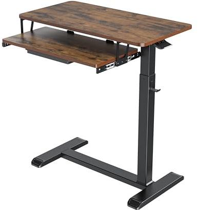 Fydeamer Height Adjustable Mobile Overbed Table with Keyboard Tray, Walnut | Mobile Table Tray for Sofa Side, Hospital Bed Workstation Table for Home and Office Laptop Use, 77x40cm Large Tabletop