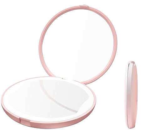 Espejo de Bolsillo, Espejo Compacto Plegable, Espejo Compacto Iluminado LED, Mini Espejo de Bolsillo LED, Espejo de Maquillaje de Viaje, Espejo de Maquillaje de Viaje con Luz LED, Recargable (Rosa)
