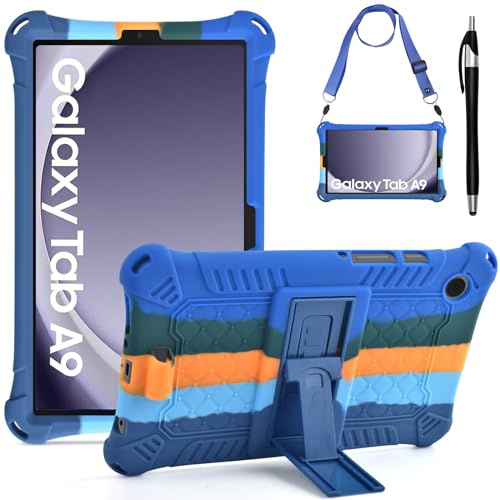KATUMO Silikon Kinder Hülle für Samsung Galaxy Tab A9 2023 8,7 Zoll (SM-X110/X115/X117) Schutzhülle mit Schultergurt und Stylus Pen Kinderfreundliche Bunt Cover Case für Samsung Galaxy Tablet A9 8,7