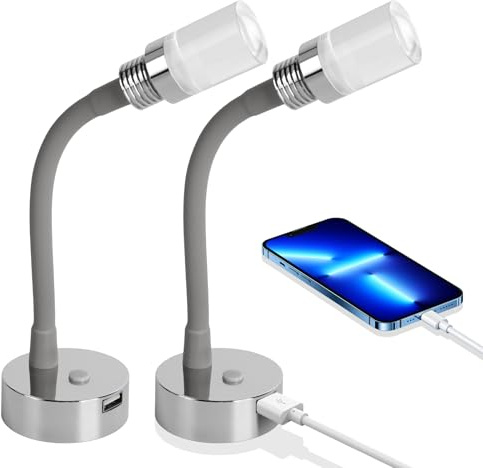 CamperXlite 2er Pack 2W Leselampe DC12V Wohnmobil, Flexible Schwanenhals Dimmbar Leselampe Wandmontage mit 18W USB Schnellladegerät LED Leseleuchte für Boot Wohnwagen Van Yacht 3200K