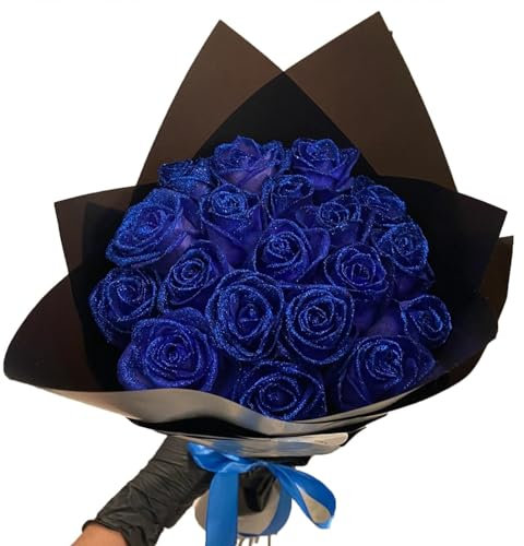 RePaLy Bouquet De Roses Scintillantes Artificielles avec Paillettes - Fleurs Brillantes pour Bricolage, Cadeau d'Amour (Bleu, 20 pièces)