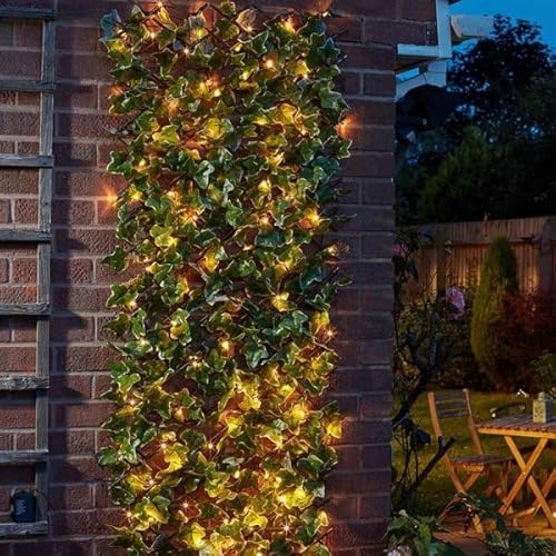 Garden Mile Solar Ivy Trellis Artificial Living Wall Ivy Leaf Panel Realistic Expandable Trellis Privacy Fence Screening Garden Decoration Light Up Climbing Faux Trellis In-Lit 180x60cm