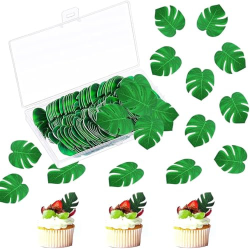 72 Stück Tortendeko Essbar,Dschungel Tortendeko,Oblatenpapier Palmblatt-Kuchen-Deckel,Essbare Tropische Schildkrötenblätter Cupcake Topper,Tropische Palmenblätter für Hawaiianische Party
