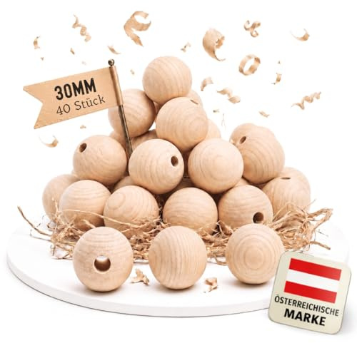 EV® Holzkugeln mit Loch - 40 Stück 30mm Durchmesser - Made in Austria | Große Holzperlen zum Auffädeln mit 6mm Bohrung - Gedrechselt aus Hochwertigem Buchenholz, ideal für Basteln, DIY & Deko