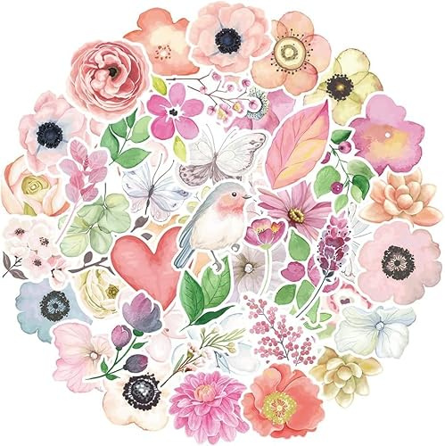 50 Pcs Flower Stickers, Pegatinas de Vinilo Impermeables de Flores para Portátil Botella de Agua Monopatín Equipaje Maleta Diario Scrapbook Teléfono Pad