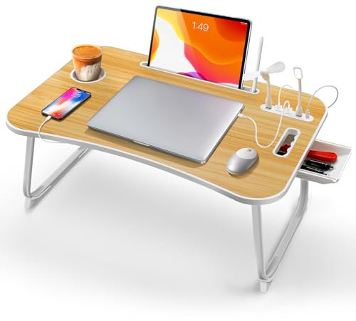 ICARE Betttisch, Laptoptisch Betttablett Klappbar mit 4 USB, Tablet Ständer, Schublade, Getränkehalter, Tragegriff, Laptop Tisch für Bett, Sofa, Couch, Boden (60 x 40 cm, Holzfarbe)