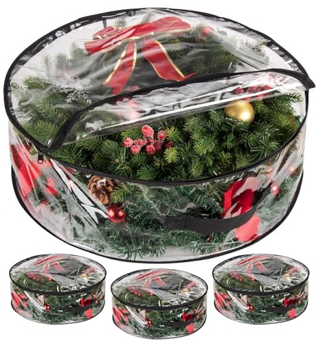 Paquete de 3 bolsas de almacenamiento transparentes para coronas y guirnaldas de Navidad, impermeables, decoración navideña, adornos de Navidad, bolsas de almacenamiento con cremalleras y asa
