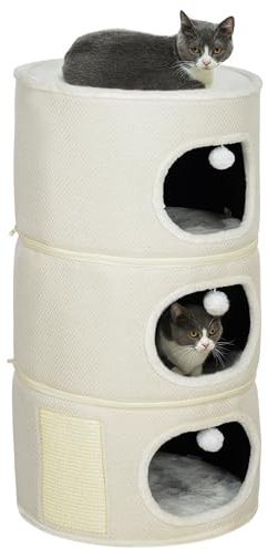 PawHut Kratztonne, 100 cm hoch Katzentonne mit 3 Höhle, Kratzbaum mit Spielbällen, Katzenturm aus Sisal, für Katze bis 6 kg, Beige+Cremeweiß