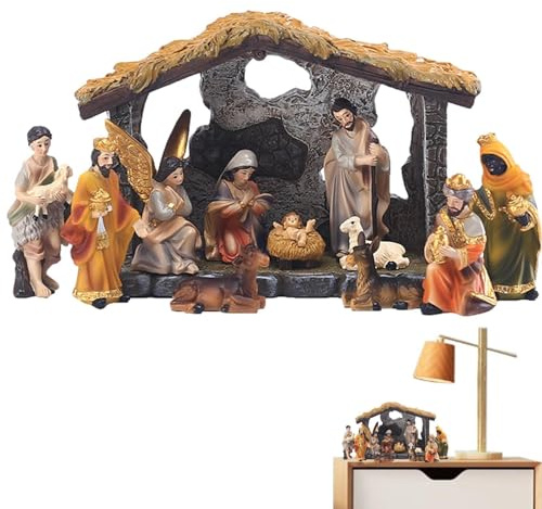 Christmas Nativity Set, Christmas Crib Nativity Set, Resin Nativity Scene Set, Birth Of Jesus Christ Figurine, Hand-painted Religious Nativity Manger Scene Statue for Home Decoration