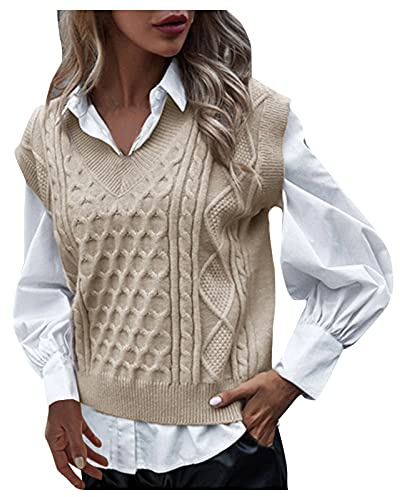 Scialli con cappuccio per le donne donne College gilet lavorato a maglia senza maniche con scollo a V retrò maglione gilet da donna manica a campana aperto davanti cardigan pizzo sciolto, cachi, M