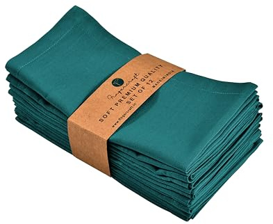 FINGERCRAFT Cloth Napkin, Cotton Linen, Set of 12, 18x18 inch, Teal Green | Mitered, premium quality, soft, absorbent fabric, pre-shrunk & washable for everyday, wedding, restaurant, Christmas dinner