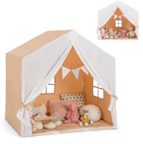 HOMASIS Kinderzelt Indoor, Spielzelt mit Matte, Vorhang, Flaggen, Spielhaus aus Holzrahmen, Bettzelt Prinzessin Zelt für Mädchen & Jungen ab 3 Jahren, Kinderspielhaus für Kinderzimmer (Hellbraun)