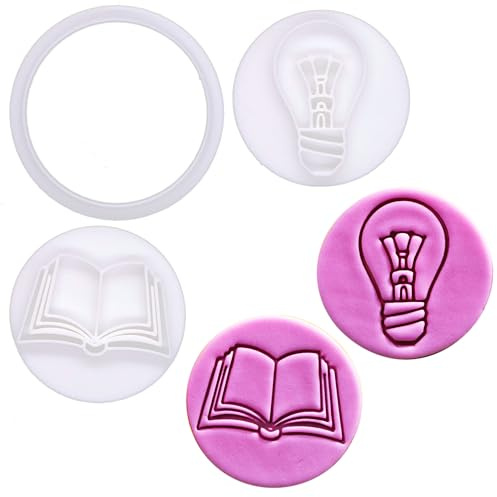 BAKERLOGY Think & Learn – Mini 2 Ausstech- und Präge-Set, Fondant-Ausstecher mit Prägestempel – Glühbirne & Offenes Buch Design für Bildungs-Kekse, Cupcakes & Fondantdekorationen
