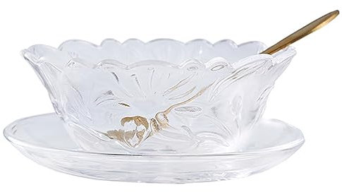 JKXLSLAX Cute Glass Dessert Bowl with Spoon,Ice Cream Fruit Yogurt Pudding Cup Breakfast Dessert Plate Vintage Soup Bowl(Clear)