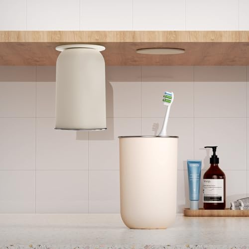 MENGCOOL 350ml Zahnputzbecher, Magnetischer Mundspülbecher, Zahnputzbecher aus Edelstahl 304, Schlichter Stil, Multifunktional (Cremeweiß)