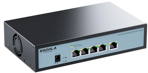 SODOLA Switch 10Gb Ethernet 5 Ports géré Via Le Web, 5x10G RJ45 | Boîtier métallique, refroidissement ventilé, prend en charge LACP/QoS/VLAN/IGMP, montage bureau/mural
