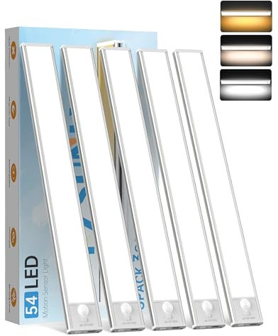 PZSUNLY Led Sottopensile Cucina - 5 Pezzi Luce LED Sottopensile Cucina 30cm,3 Temperature di Colore con Regolazione Luminosità, Sensore Movimento Notturno, Luci Led Senza Filo per Armadio,Veranda