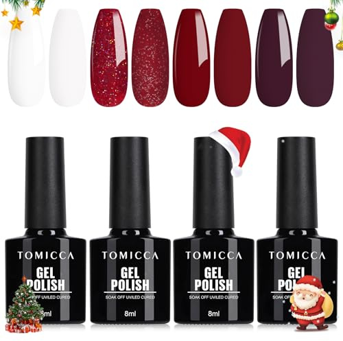 TOMICCA Gel Polish, Red Gel Nail Polish Set- 4Pcs x 8ml White Red Burgundy Glitter Soak Off UV/LED Gel Kit for Salon & Home Manicure, Gift for Women Girls