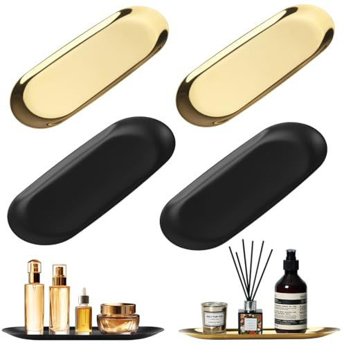 Foydream 4Pcs Svuotatasche Ingresso, Metallo Vassoio Portaoggetti Oro e Nero, Centrotavola Moderno Design per Camere da Letto, Soggiorni e Bagni, per Gioielli, Chiavi, Trucchi e Candele