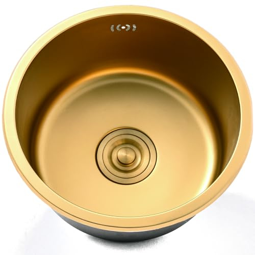 JUNFUNNLE Spülbecken Gold 40cm Edelstahl Einzelbecken Einbauspüle mit Ablauffilter und Überablaufgarnitur, Einfache Installation