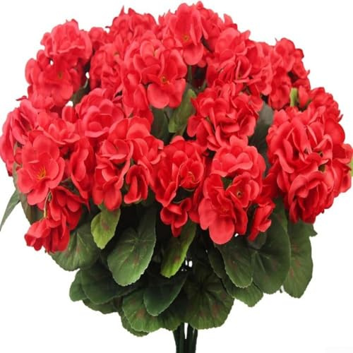 Gerani artificiali in seta per esterni, 35,5 cm in fasci decorativi, piante finte realistiche per giardino e decorazione della casa (rosso)