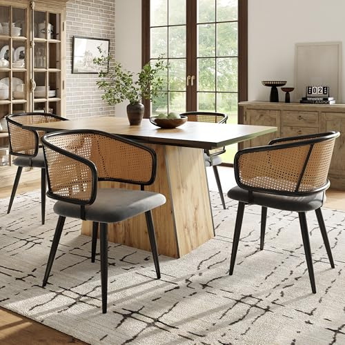 Kebnor Esszimmerstühle mit Rattan-Rückenlehne, Sitzkissen aus Samt-Kissen, bequem und atmungsaktiv, moderner und einfacher Stil, geeignet für Restaurants, Wohnzimmer und Cafés (Grau(4 Stück))