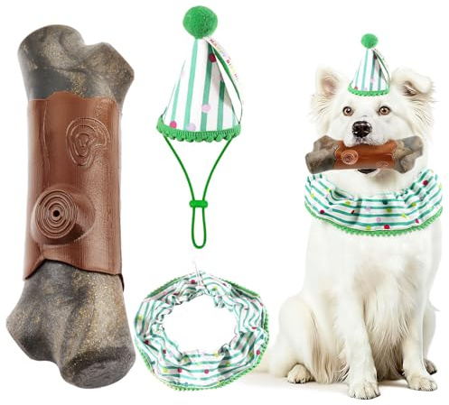 La Desire Set med bandana och hatt för hund – söt prickig och randig festoutfit för medium/stora hundar, tuff tuggleksak i naturligt gummi för agggressiva tuggare (grön)