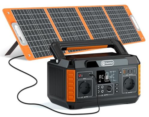 FlashFish 520Wh Generateur Electrique avec Panneau Solaire 100W,Station Electrique Portable avec 2x CA 560W(crête 1100W),5x Sorties CC et 4x USB,Batterie de Secours pour Camping,Extérieur,Domestique