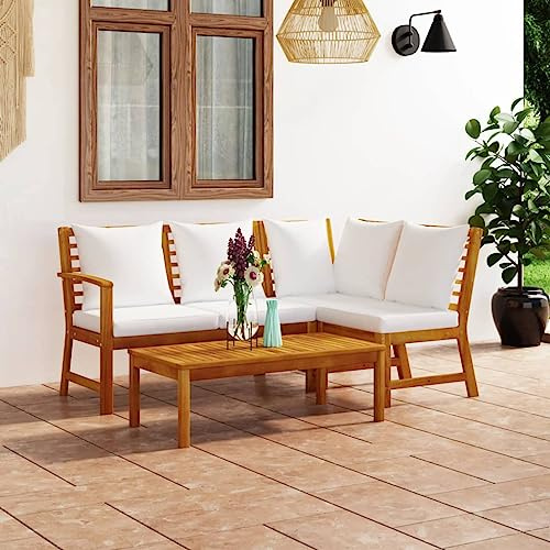 Frdhee Balkonmöbel Sofatisch,4-TLG. Garten-Lounge-Set mit Auflagen Creme Massivholz Akazie,Loungemöbel für Terrasse Hinterhof Lounge