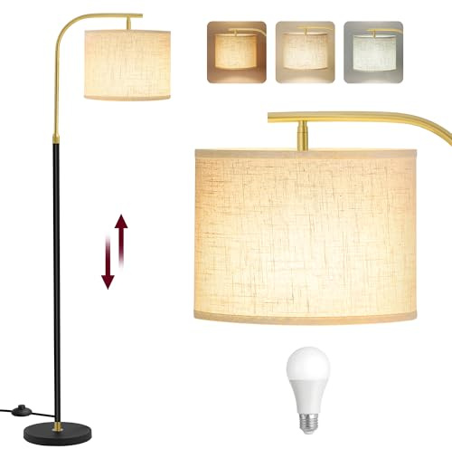 VASAGLE Golvlampa, båglampa, golvlampa, höjdjusterbar lä, 150–175 cm hög, modern, med fotknapp, lampskärm av tyg, E27-fattning, mattsvart LFL006BD02
