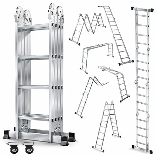 Mehrzweckleiter 4x4, 7in1 Multifunktionsleiter, 461CM Alu Vielzweckleiter Klappleiter mit 2 Räder, Multifunktionsleiter 16 Sprossen