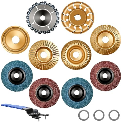Shulltji Holz Schleifscheibe für Winkelschleifer, 11PCS Flexscheibe für Holz Frässcheibe, Klappe Schleifräder, Baumstumpffräse, Wurzelfräse, Lackfräse, Universalschlüssel & Adapteringe