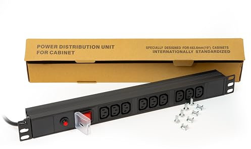 LINK multipresa LK10052 9 prese femmina IEC C13 per armadi rack 19 con protezione sovraccarichi e cavo 1,75 metri in metallo dimensioni 48,5x4,5x4,5 cm confezione 20 unità. Alette reversibili.