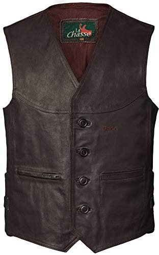 La Chasse Lederweste für Damen und Herren Büffellederweste Jagdweste aus echtem Leder Motorradweste Bikerweste aus Rindsleder braun oder Oliv (52, Braun)